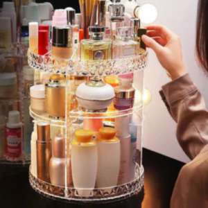 Round Acrylic Makeup Organizer with Rotating Shelves, Durable and Washable Storage