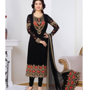 Embroidered Black Chiffon Suit with Full Sleeves, Dupatta, and Soft Malai Trouser