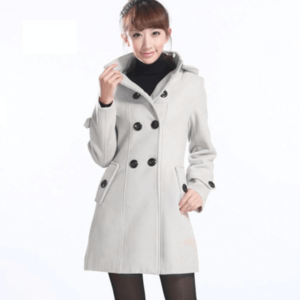 Women's Hooded Double Breasted Trench Wool Coat with Broadcloth, Long Standard Size