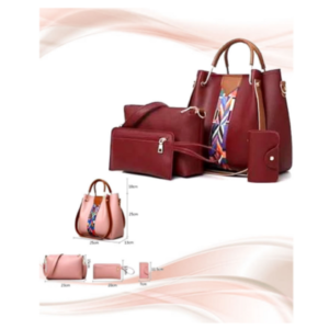Luxurious Maroon Faux Leather Handbag 4-Piece Set with Zipper Closure and Multiple Compartments