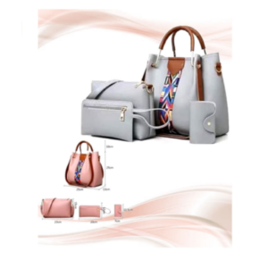 Stylish Grey Faux Leather Handbag 4-Piece Set with Zipper Closure and Water-Resistant Fabric