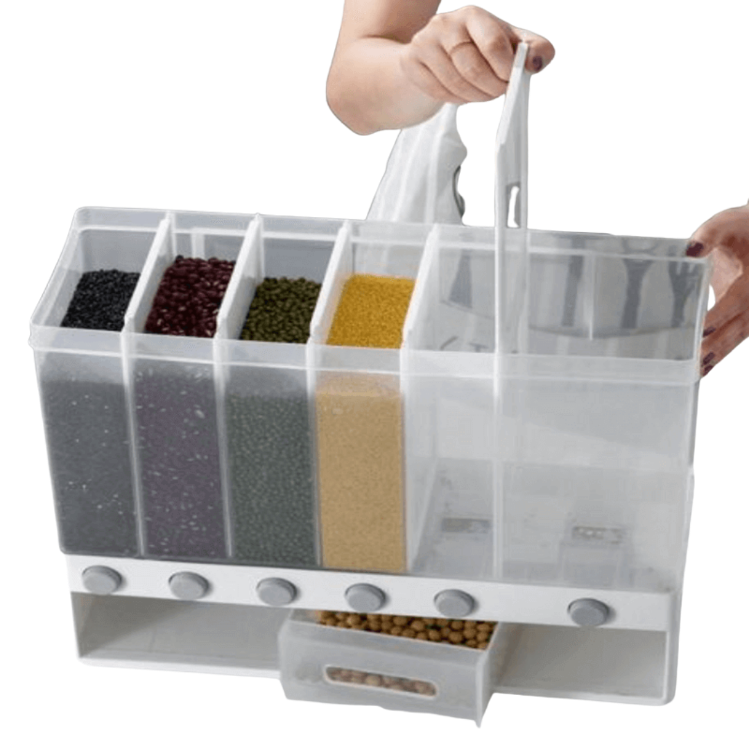 Wall Mounted Kitchen Rice and Cereal Dispenser with 6 Compartments, Food Grade PP