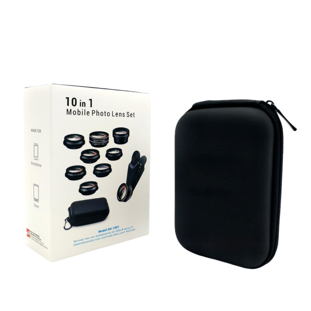 10 in 1 Mobile Camera Lens Kit with Fish Eye, Wide Angle, Macro, and Polarizing Filters