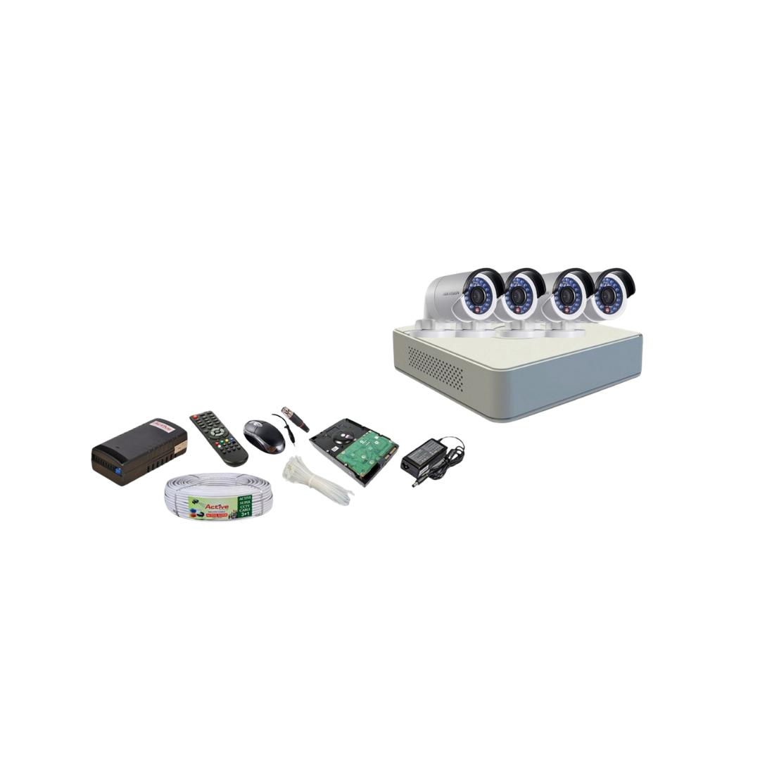 HIKVISION CCTV System with 4 Cameras, 720p, HDMI/VGA/Network, 180m Cable, Power Supply