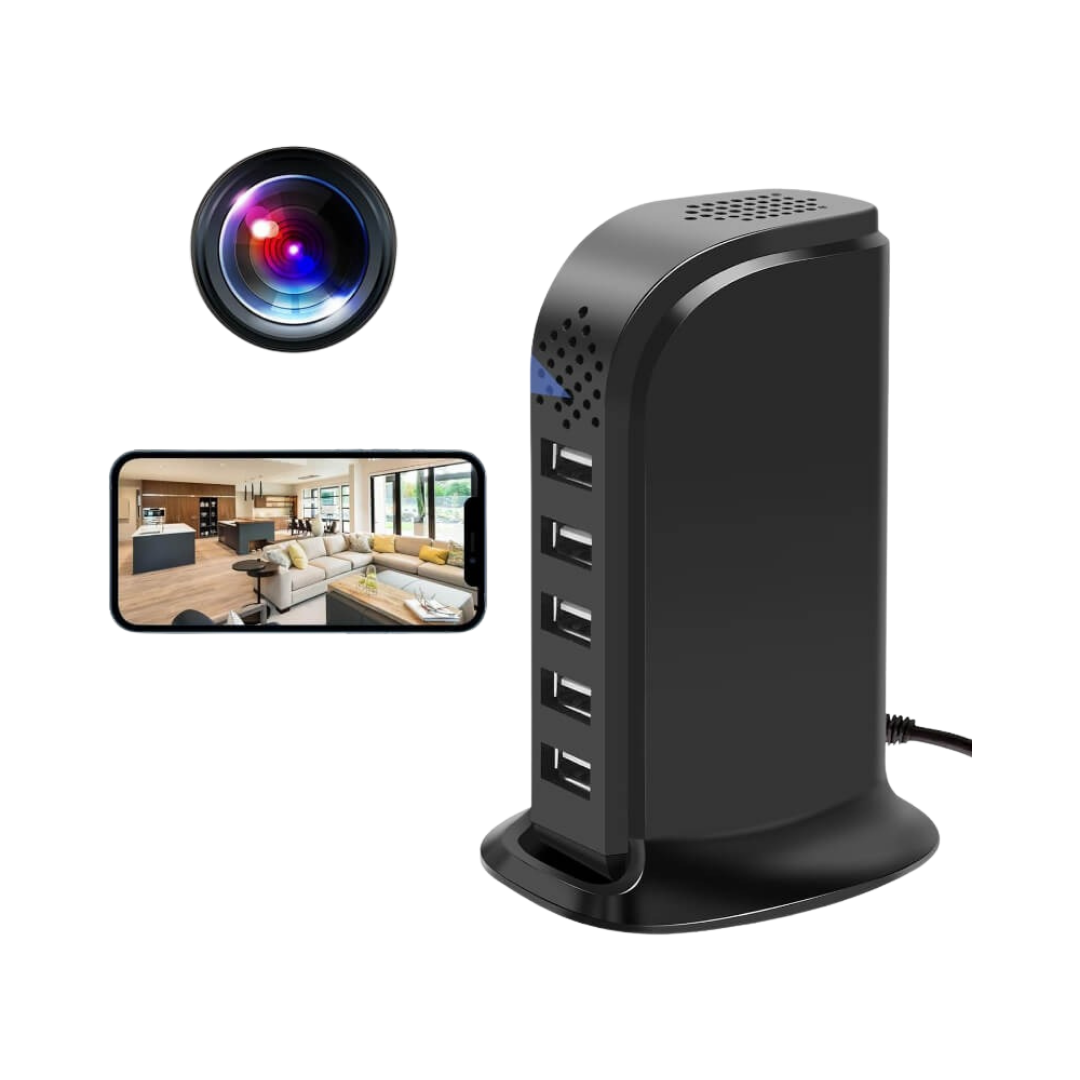 Spy Camera Hidden WiFi USB Tower Socket with 5 USB Ports, 4K Video, Night Vision, Motion Detection