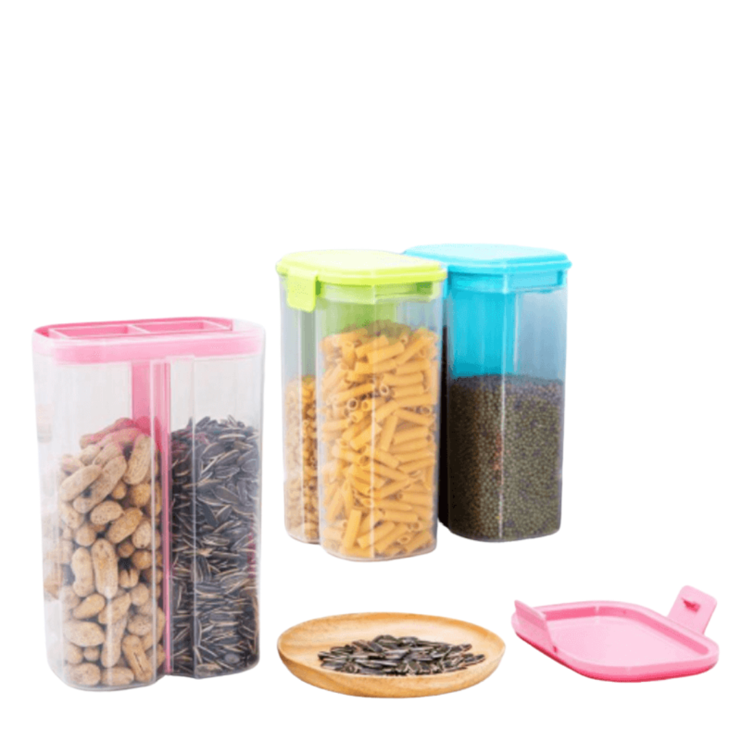 2 Compartment Transparent Food Storage Jar with Airtight Lids, BPA Free