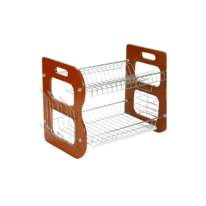 2 Layer Dish Rack with Wooden Side, Cutlery Holder & Glass Drier