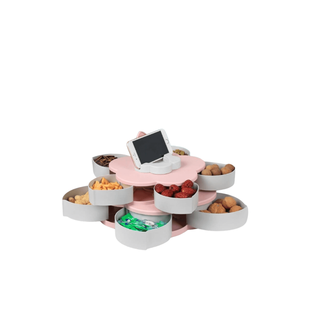 Double-Layer Flower Snacks Container with 10 Compartments and Mobile Holder Slot
